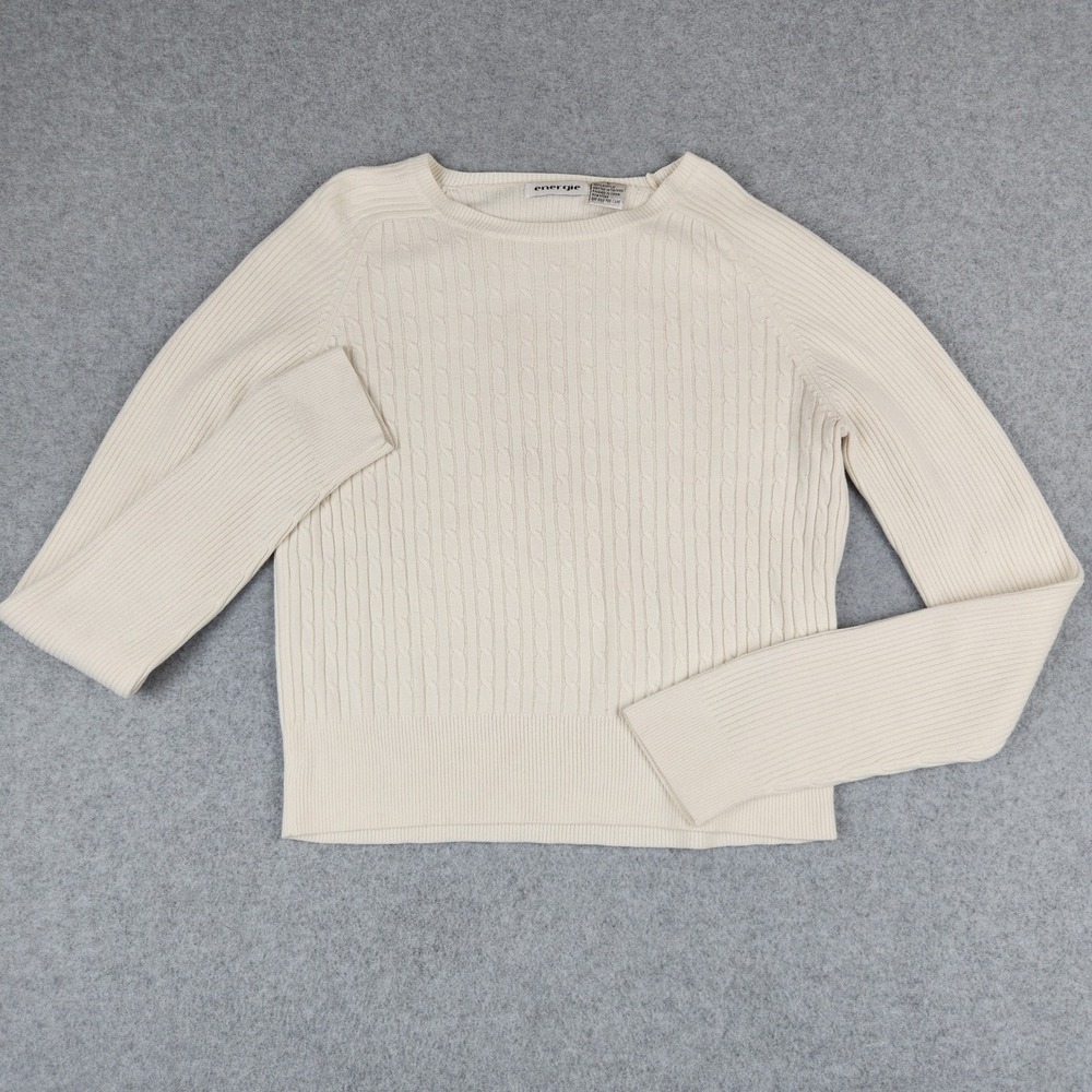 Energie Women Cream Cable Knit Long Sleeve Crew Neck Sweater Size Petite Large L